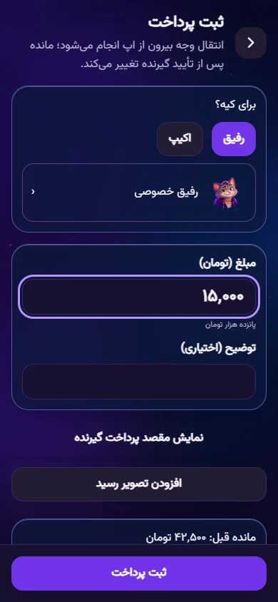 صفحه ثبت پرداخت و توضیح تأیید گیرنده